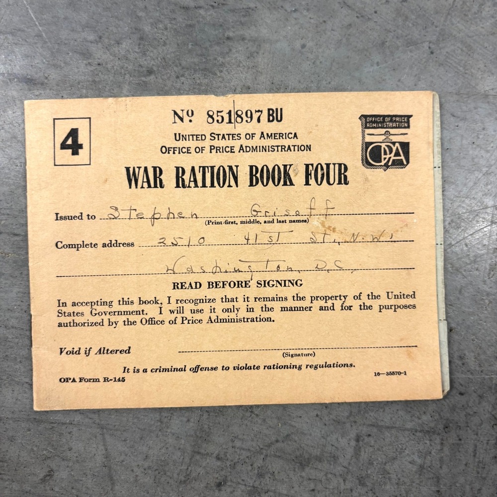 Vintage 1943 WWII War Ration Book Four OPA R-145 Original Stamps Washington DC